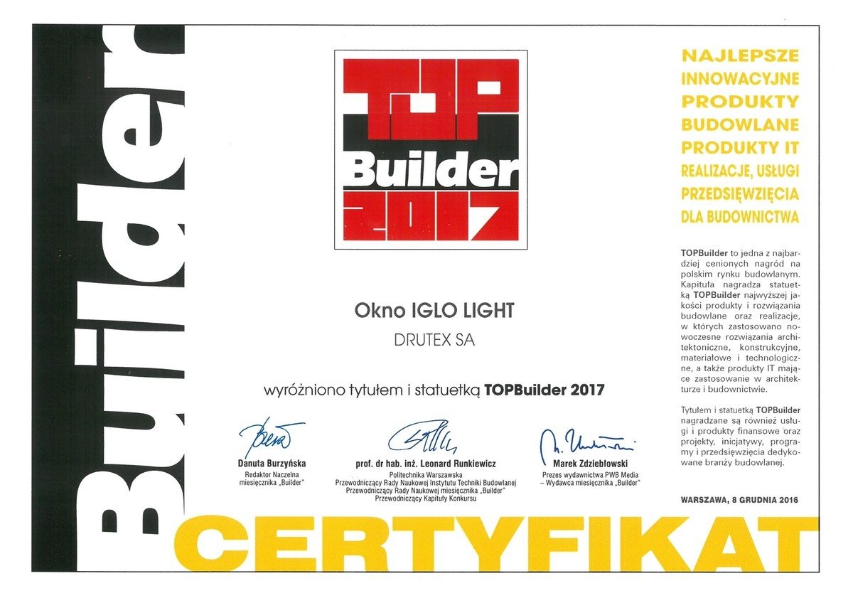 Iglo Light window from Drutex receives the Top Builder 2017 award.