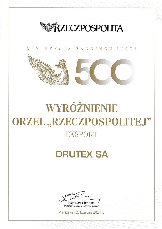 Drutex receives an award for export and a nomination for the ‘Rzeczpospolita’ Eagle award